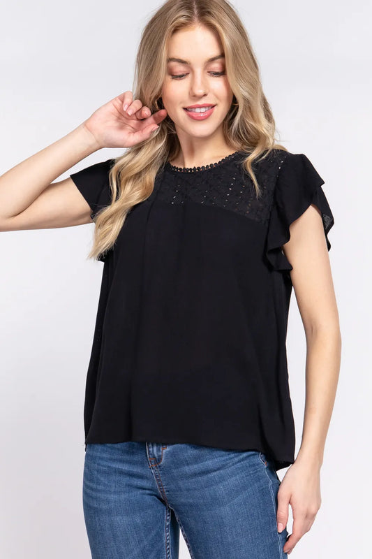 Trendsi ACTIVE BASIC Ruffle Short Sleeve Crochet Blouse Black