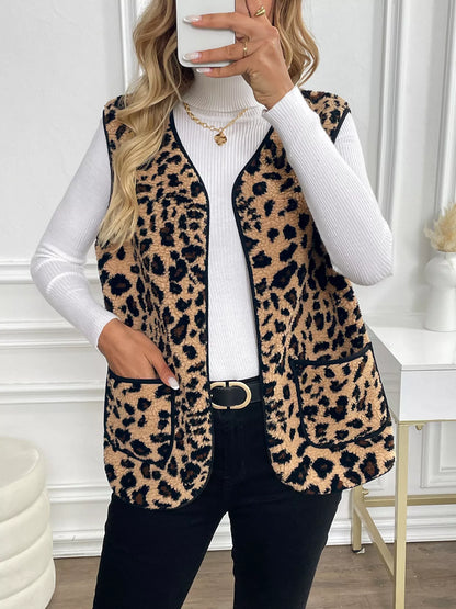 Leopard Fleece Vest Coat with Pockets Easy Apparels