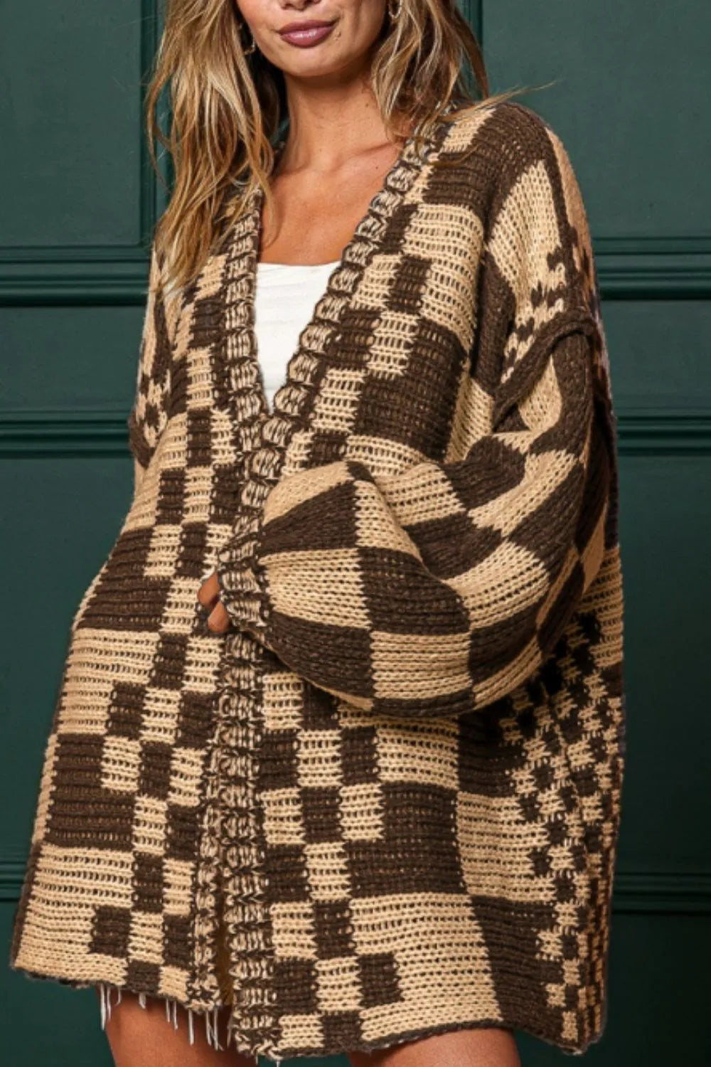Checkered Open Front Long Sleeve Cardigan Easy Apparels