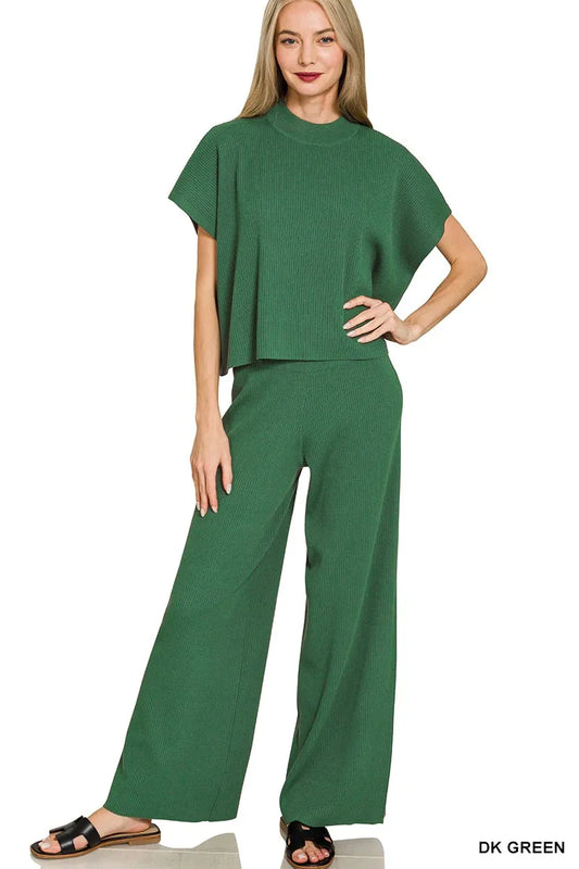 Zenana Viscose Sweater Short Sleeve Top and Pants Set DK GREEN Easy Apparels