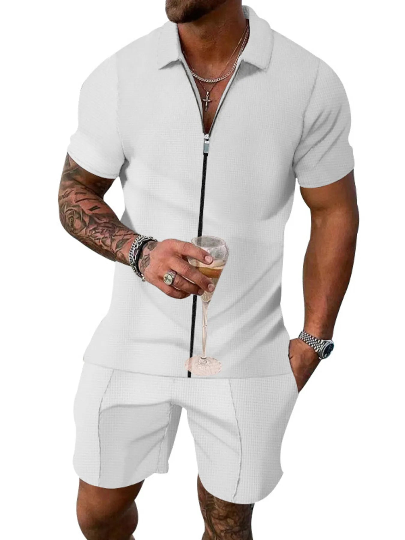 Men's Plus Size Zip Up Short Sleeve Top and Shorts Set White Easy Apparels
