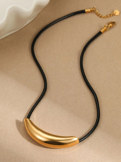 Stainless Steel Curved Bar Necklace with Leather Rope Gold One Size Easy Apparels