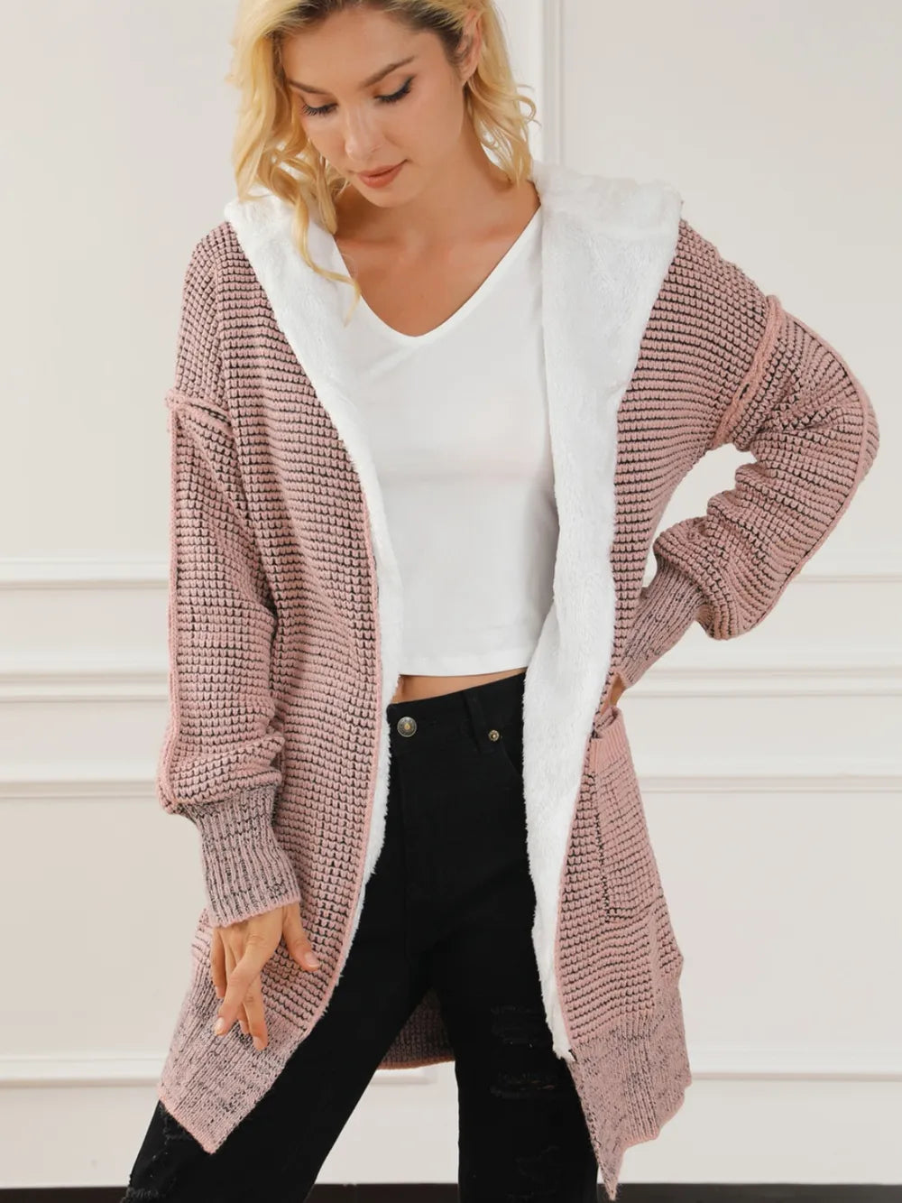 Open Front Hooded Winter Coat with Pockets Blush Pink Easy Apparels