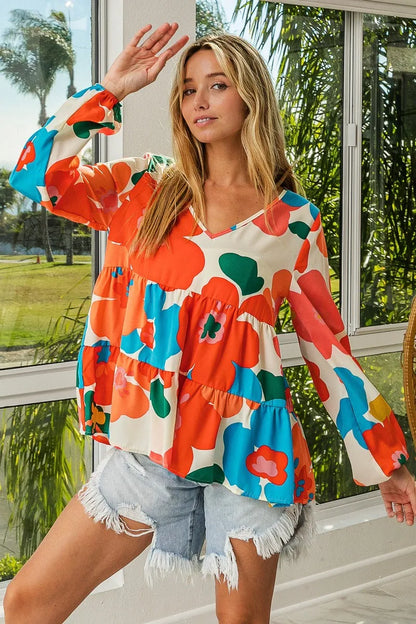 Trendsi BiBi Floral Woven Tiered V Neck Top