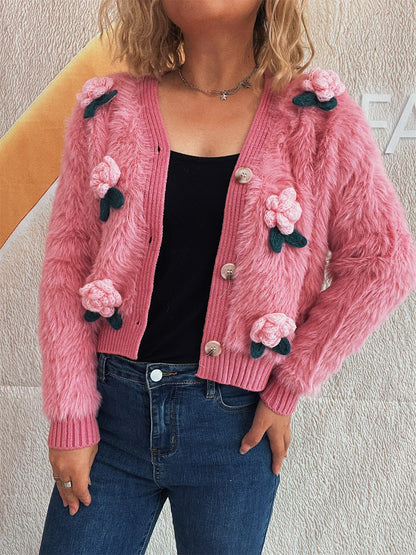 Flower Fuzzy Button-Up Cardigan Easy Apparels
