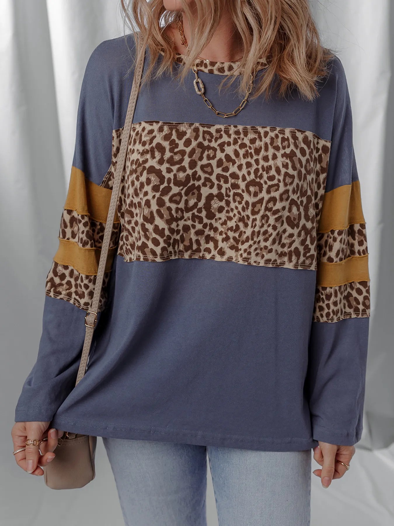 Trendsi Leopard Color Block Long Sleeve Drop Shoulder Top Dark Blue