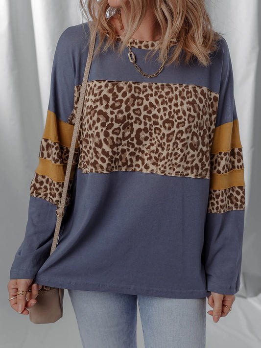 Trendsi Leopard Color Block Long Sleeve Drop Shoulder Top Dark Blue