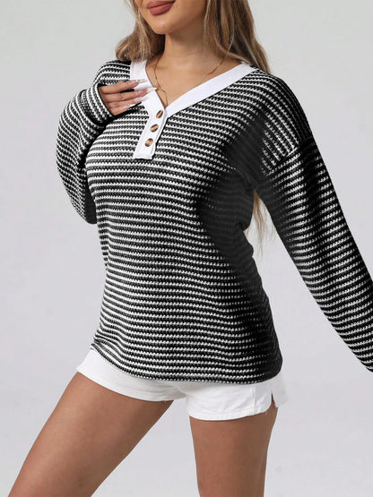 Trendsi Striped Button Detail Long Sleeve Top