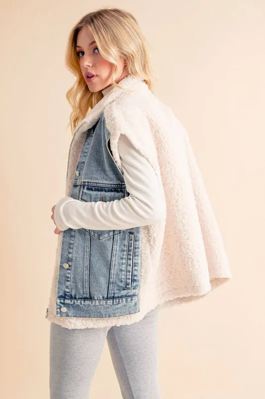 Aemi + Co Fake Two Pieces Denim Patch Sherpa Vest Coat Easy Apparels