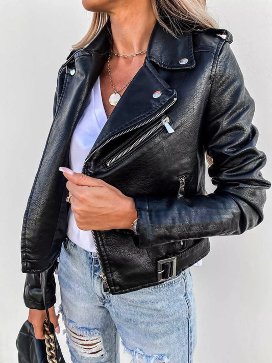 Full Size Zip Up Leather Motorcycle Biker Jacket Plus Size Black Easy Apparels