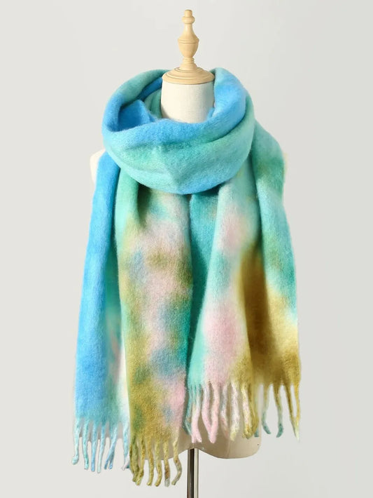 Fringe Tie-Dye Polyester Scarf Pastel Blue One Size Easy Apparels