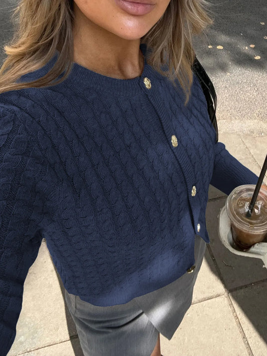 Cable Knit Button-Up Cardigan Dark Blue Easy Apparels