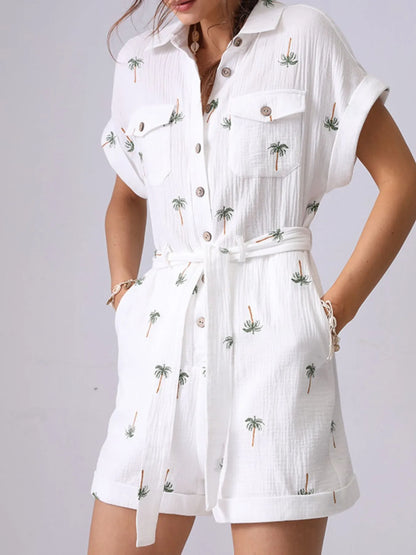 Palm Tree Print Short Sleeve Button-Up Romper with Belt Easy Apparels