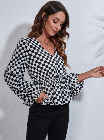 Trendsi Checkered V-Neck Balloon Sleeve Peplum Blouse