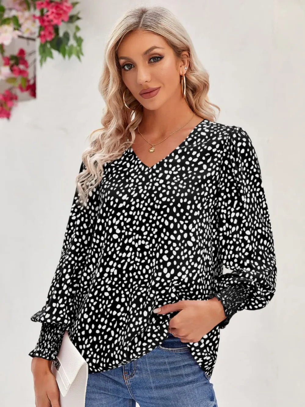 Trendsi Printed V-Neck Lantern Sleeve Blouse