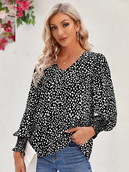 Trendsi Printed V-Neck Lantern Sleeve Blouse