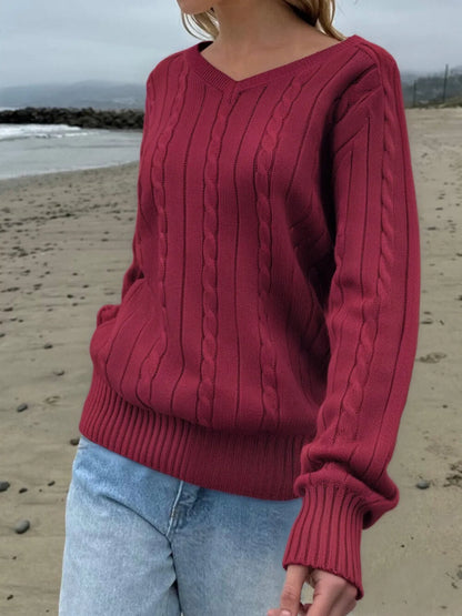 Trendsi Cable Knit V-Neck Pullover Sweater