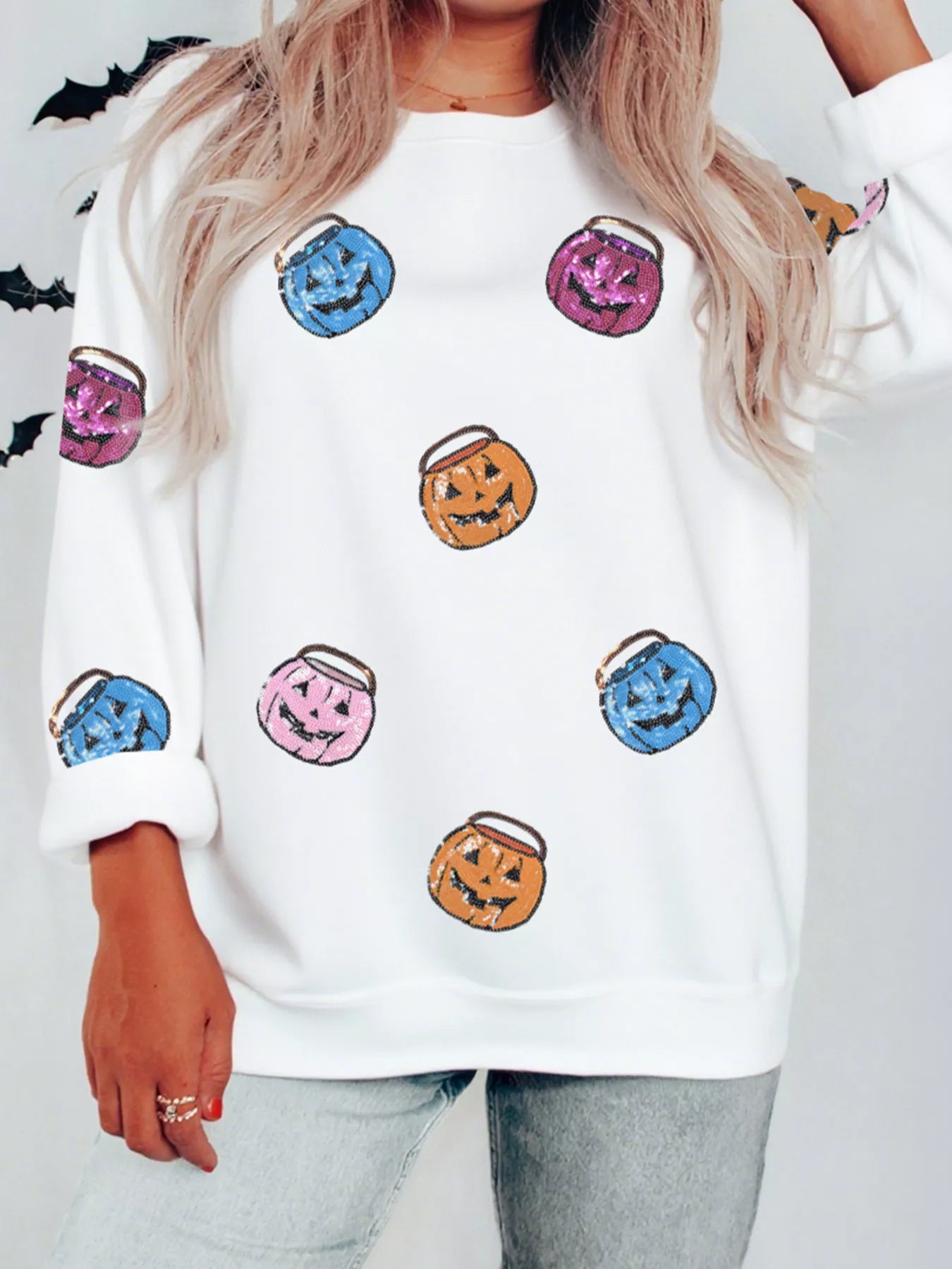 Halloween Pumpkin Lantern Sequin Patched Sweatshirt Easy Apparels