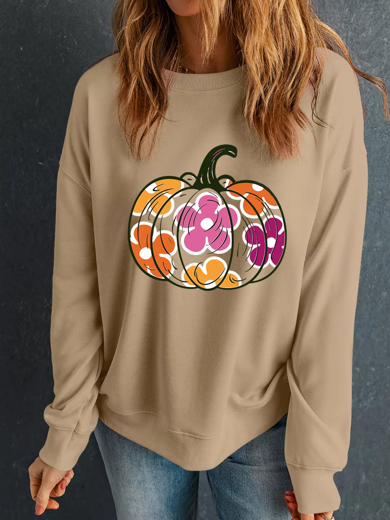 Halloween Floral Pumpkin Graphic Drop Shoulder Sweatshirt Easy Apparels