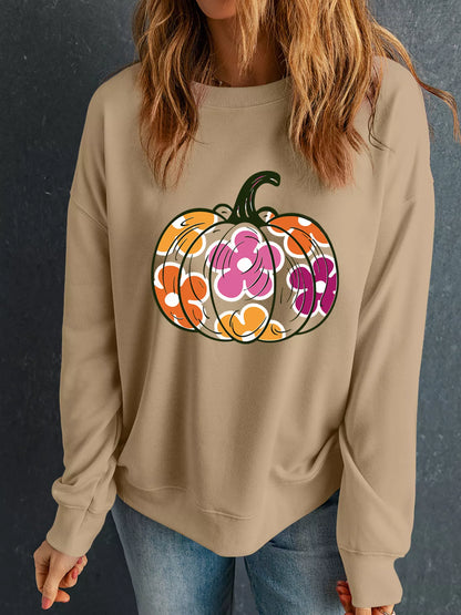 Halloween Floral Pumpkin Graphic Drop Shoulder Sweatshirt Easy Apparels