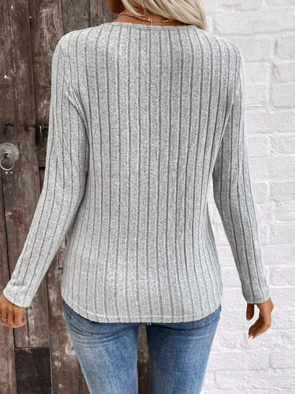 Trendsi Ribbed V-Neck Long Sleeve Knit T-Shirt