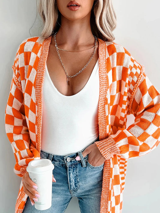 Checkered Pattern Open Front Cardigan Tangerine Easy Apparels