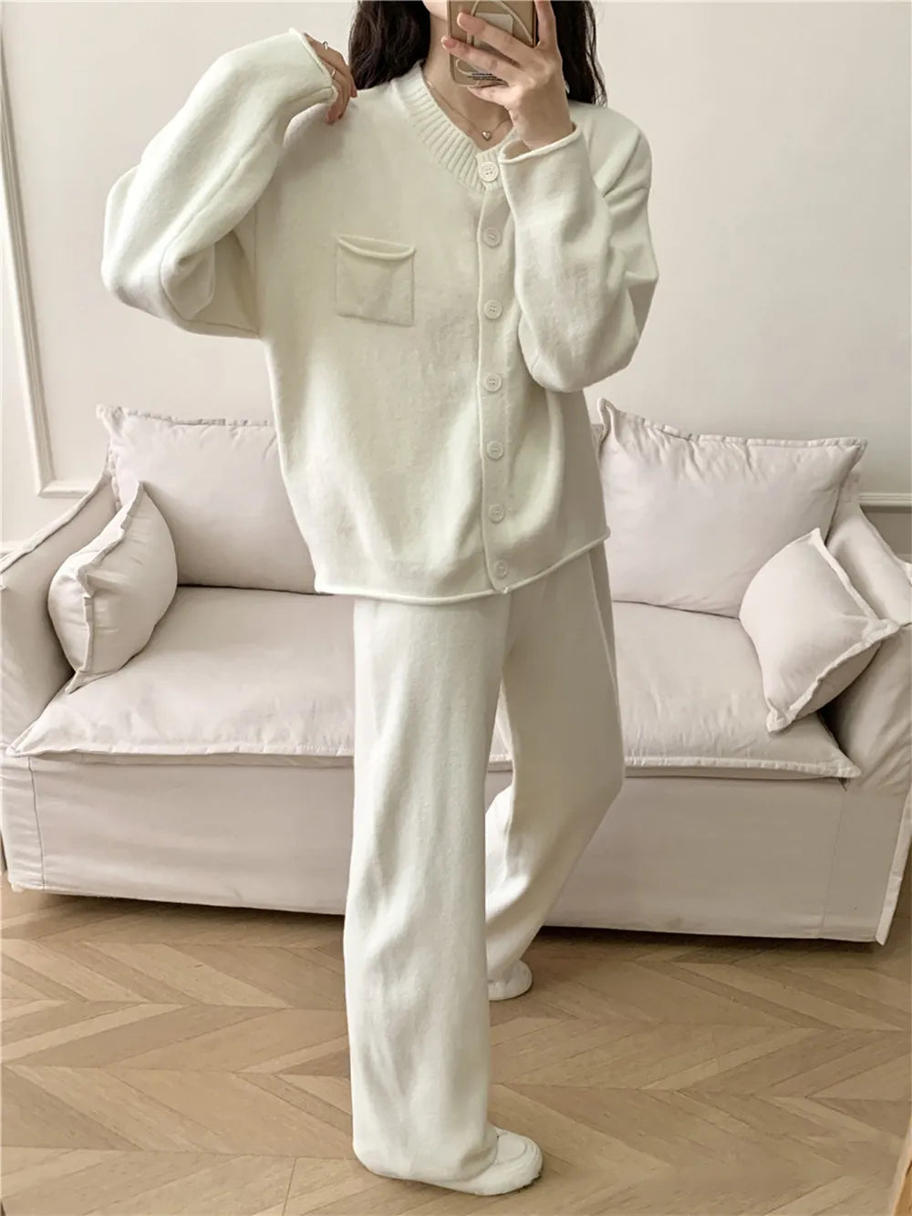Pocketed Round Neck Button Up Cardigan and Pants Sweater Set Easy Apparels