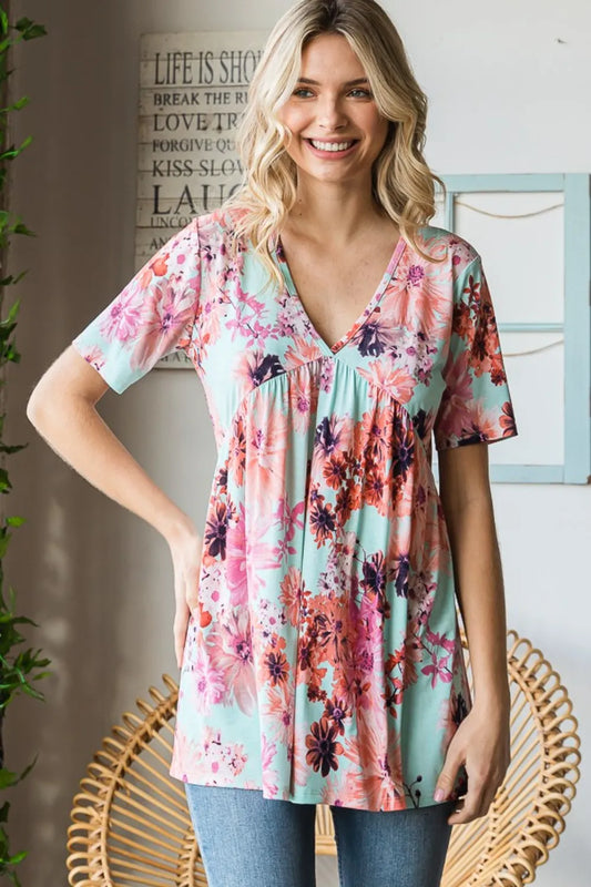 Trendsi Heimish Full Size Floral V-Neck Short Sleeve Babydoll Blouse MINT