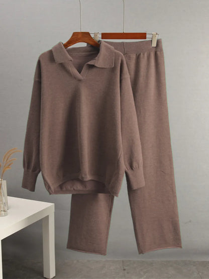 Johnny Collar Long Sleeve Top and Pants Sweater Set Easy Apparels