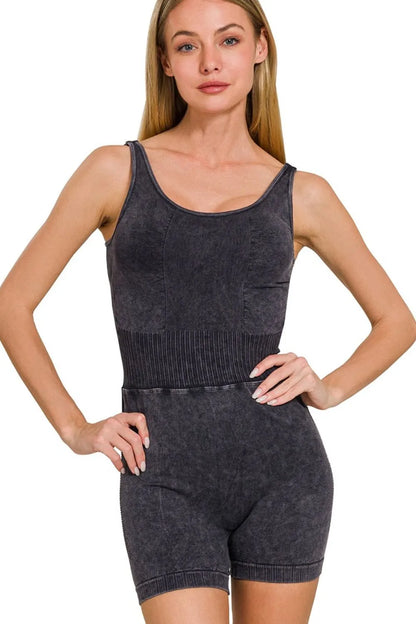 Zenana Washed Sports Romper With Removable Bra Pad Easy Apparels