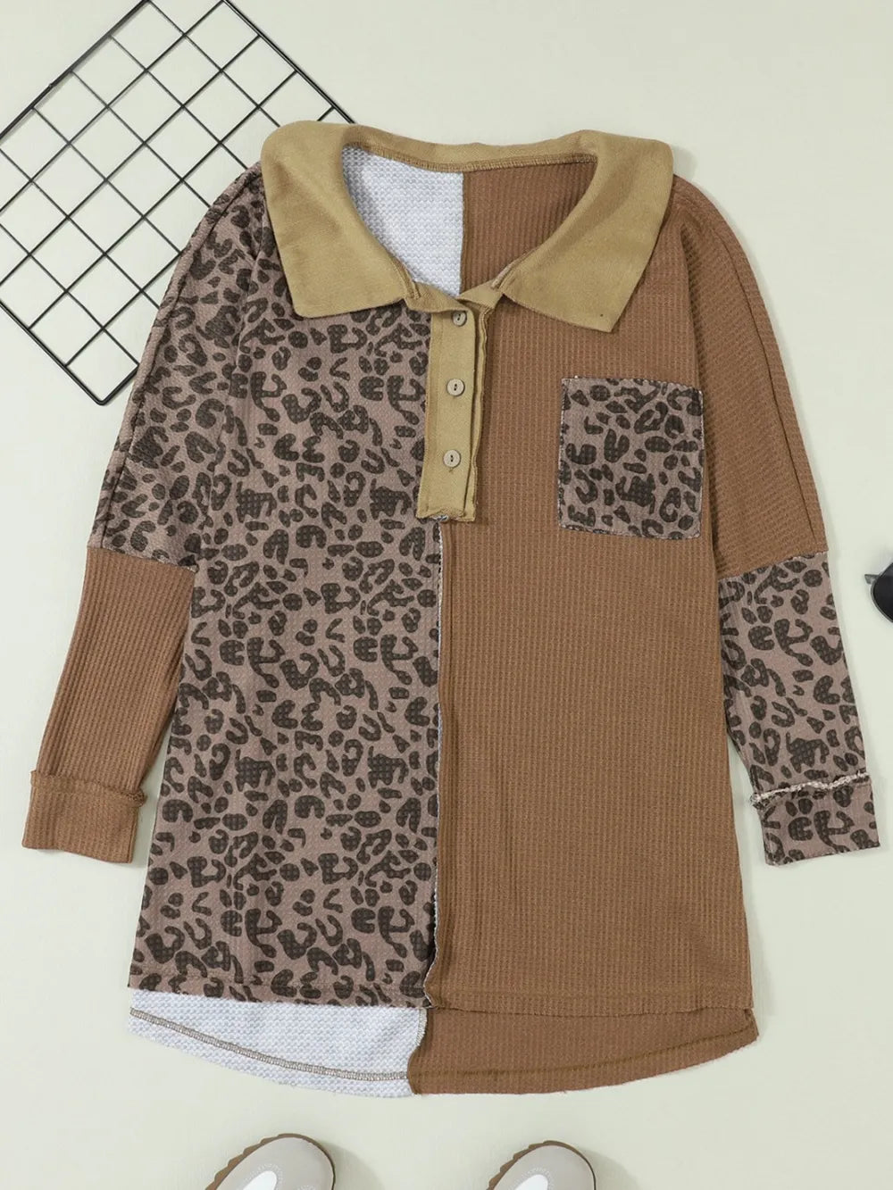 Trendsi Half Button Leopard Collared Neck Blouse Taupe