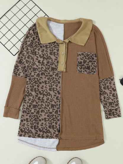 Trendsi Half Button Leopard Collared Neck Blouse Taupe