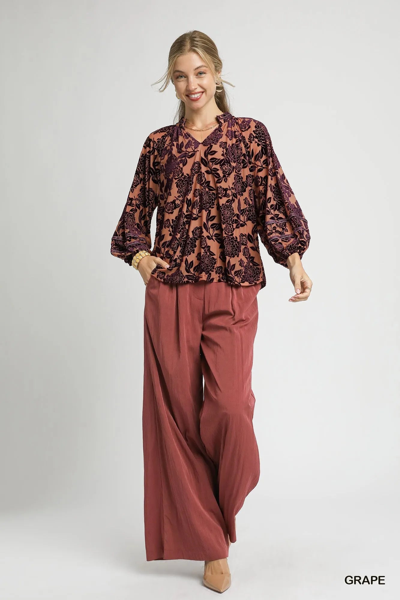 Trendsi Umgee Floral Velvet Blouse with Balloon Sleeves