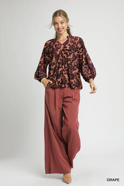 Trendsi Umgee Floral Velvet Blouse with Balloon Sleeves