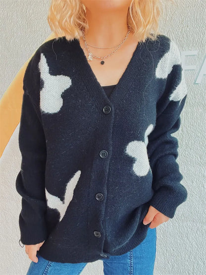Flower Button Down V-Neck Long Sleeve Cardigan Black One Size Easy Apparels
