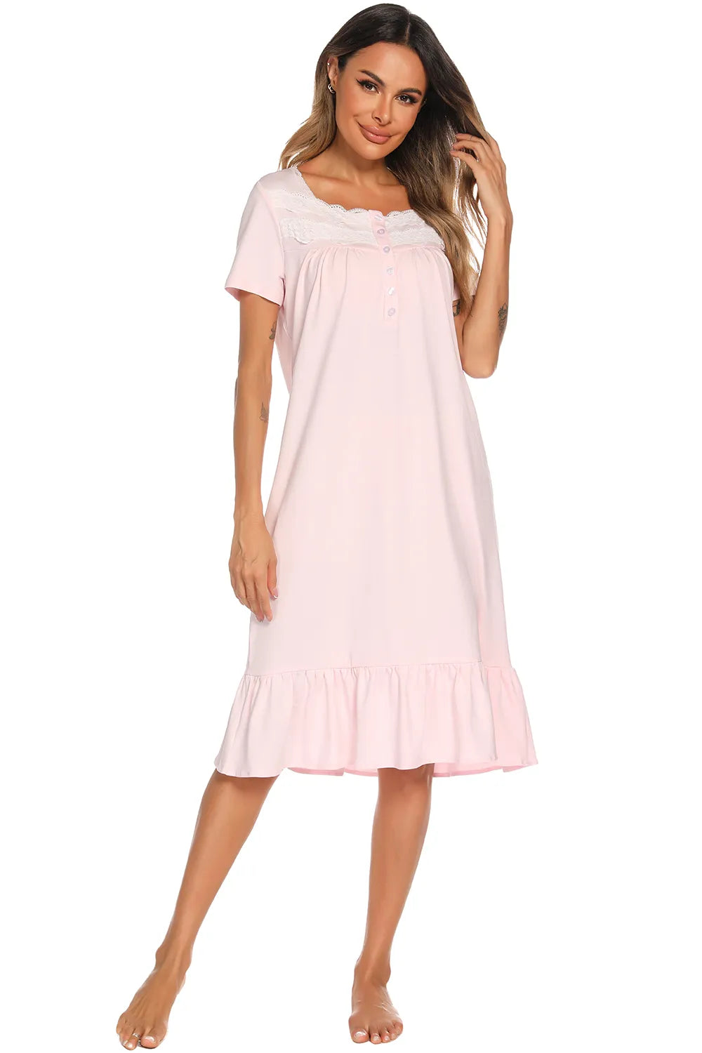 Lace Detail Square Neck Lounge Dress Easy Apparels