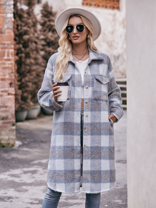 Mandy Plaid Dropped Shoulder Slit Coat Gray Easy Apparels