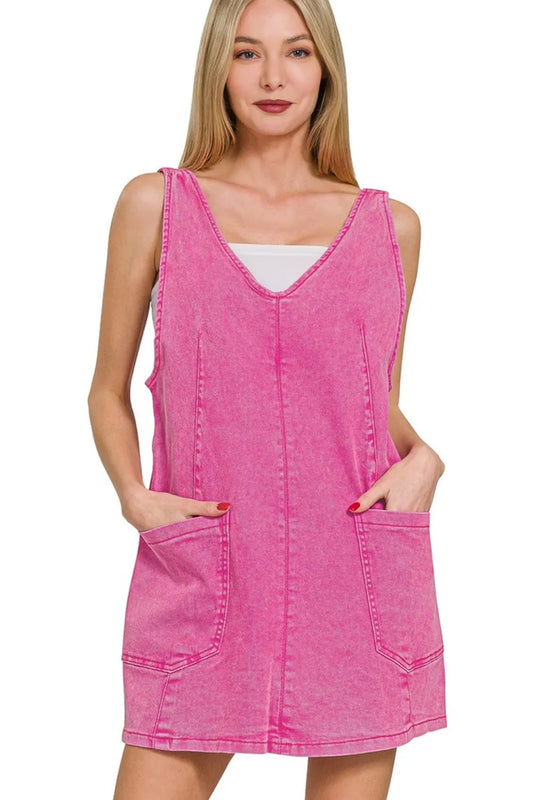 Zenana Washed Adjustable Strap Denim Overall Dress HOT PINK Easy Apparels