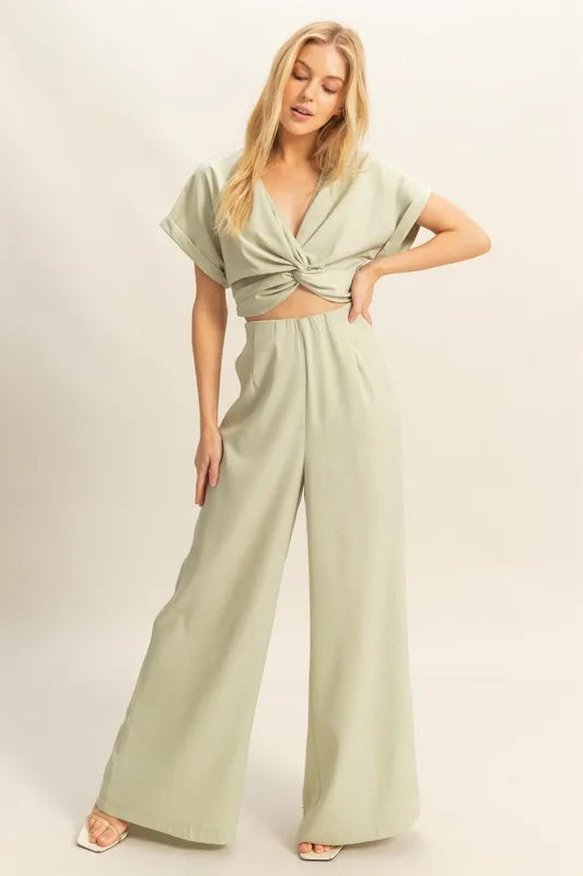 HYFVE Twisted Front Short Sleeve Top and Wide Leg Pants Set Sage Easy Apparels