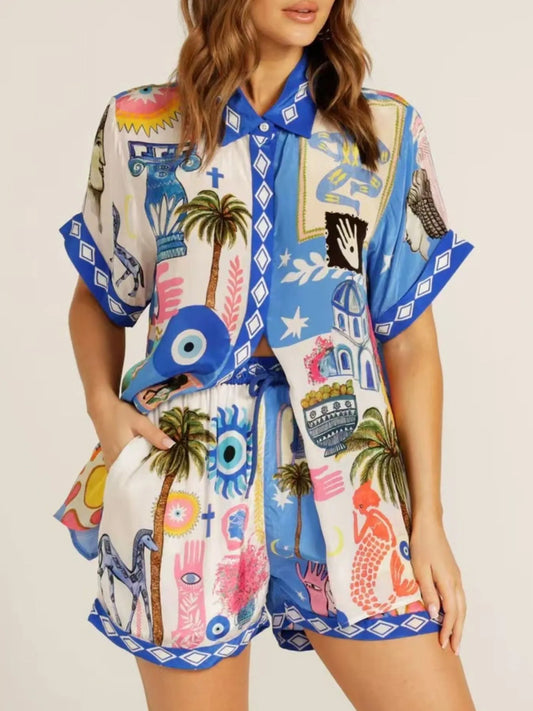 Tropical Print Button Up Shirt and Shorts Set Blue Easy Apparels