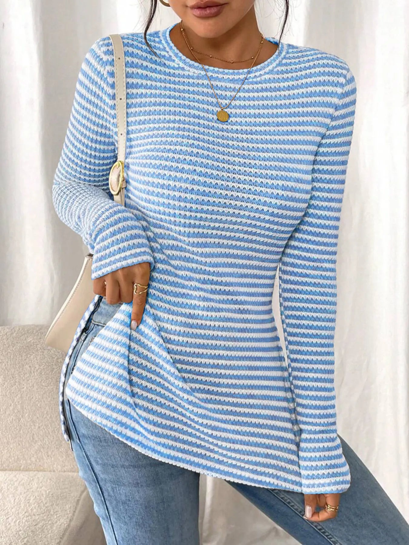 Trendsi Side Slit Striped Long Sleeve T-Shirt
