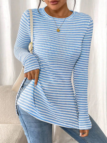 Trendsi Side Slit Striped Long Sleeve T-Shirt