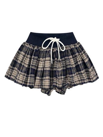 Drawstring Plaid Skort Black Easy Apparels