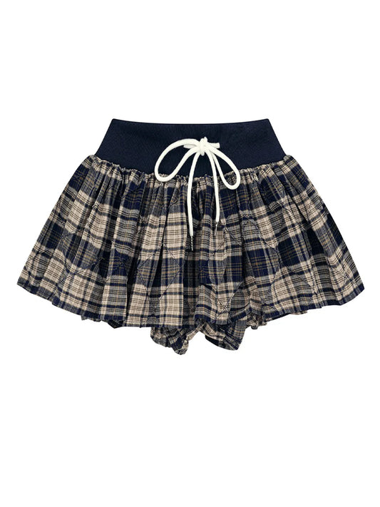 Drawstring Plaid Skort Black Easy Apparels