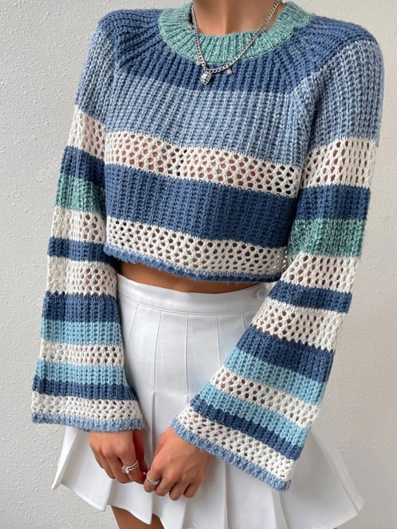 Trendsi Openwork Striped Color Block Crop Sweater