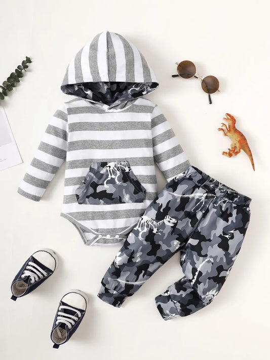 Children's Striped Hooded Bodysuit and Camouflage Pants Set Dark Gray Easy Apparels