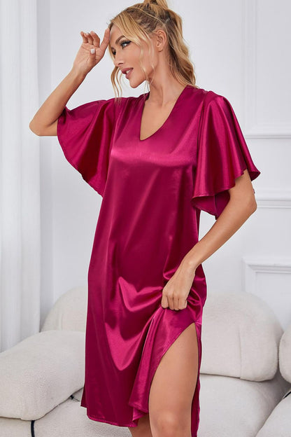 Satin Flutter Sleeve Side Slit V-Neck Night Dress Easy Apparels