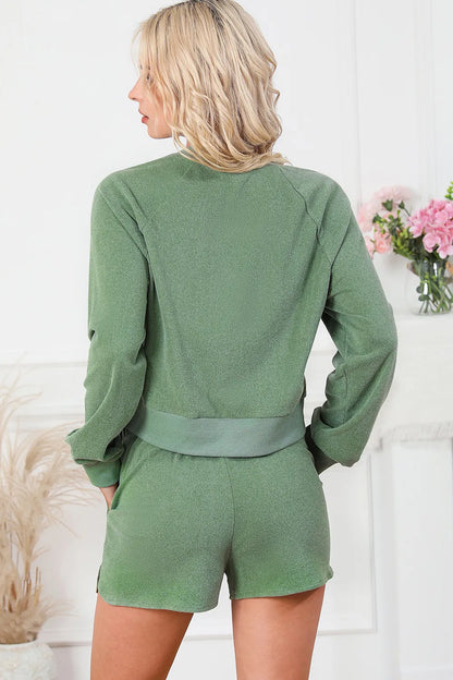 Round Neck Long Sleeve Top and Drawstring Shorts Lounge Set Easy Apparels