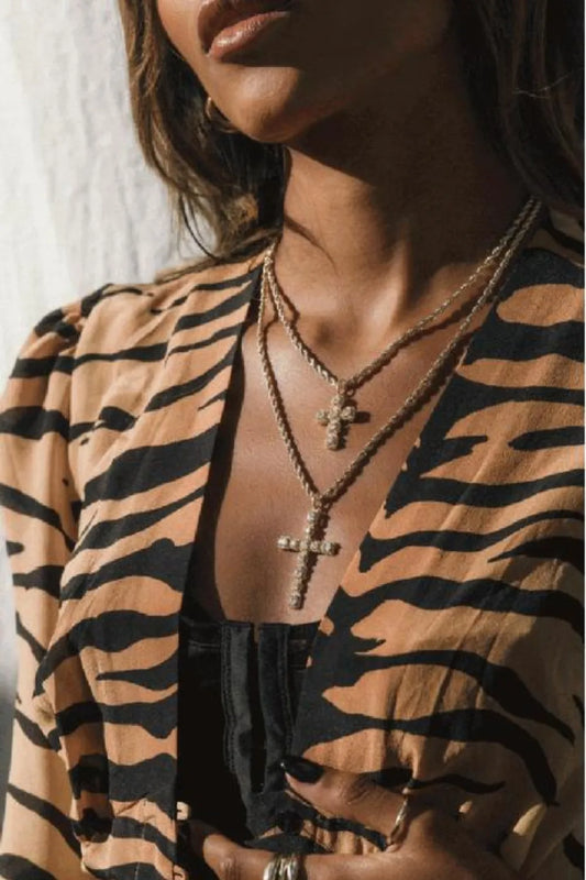 Brass Inlaid Zircon Cross Pendant Necklace Gold One Size Easy Apparels