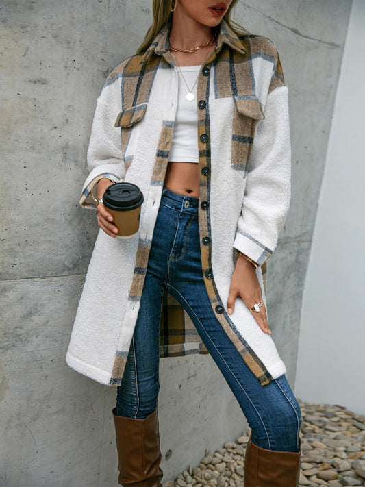 Plaid Dropped Shoulder Longline Coat Camel Easy Apparels